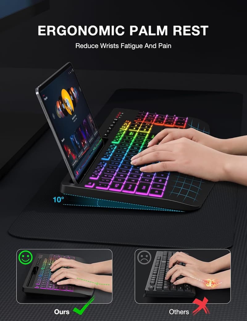 Wireless Ergonomic Keyboard with 8-Color Backlight and Phone Holder