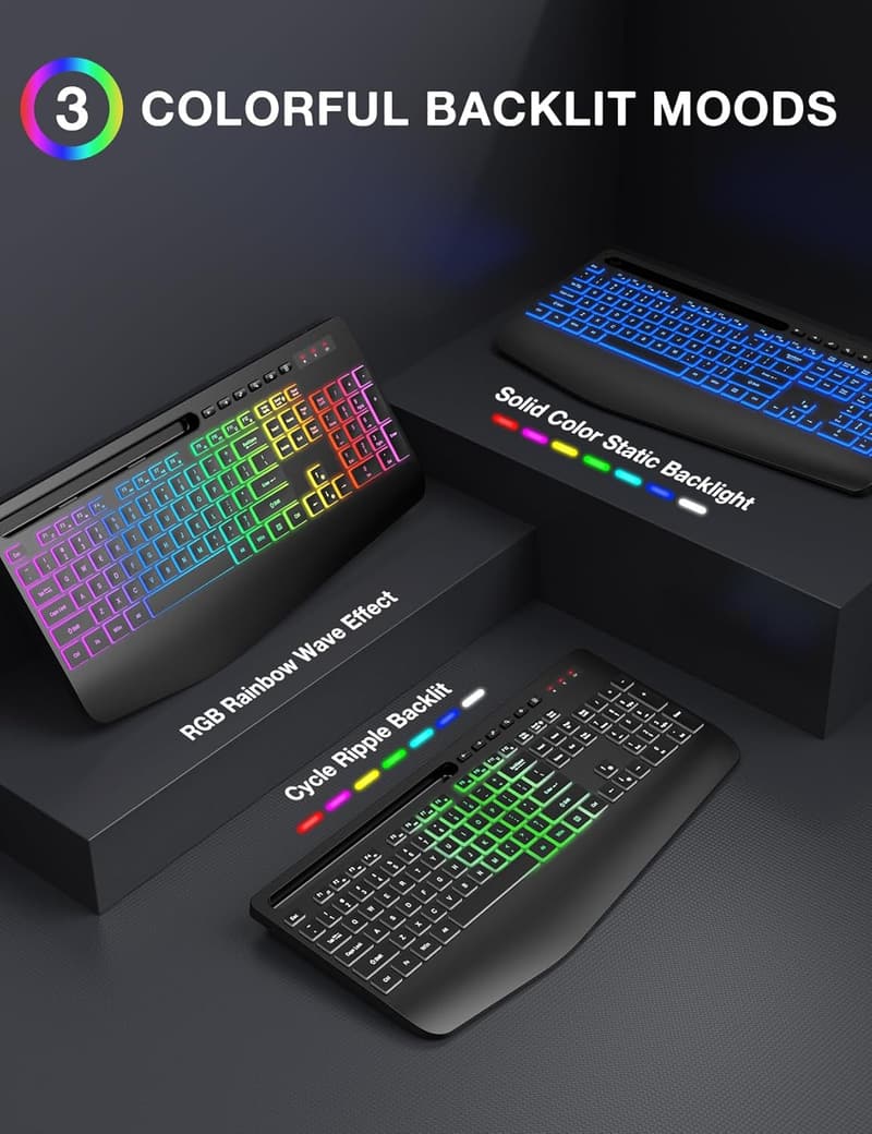 Wireless Ergonomic Keyboard with 8-Color Backlight and Phone Holder