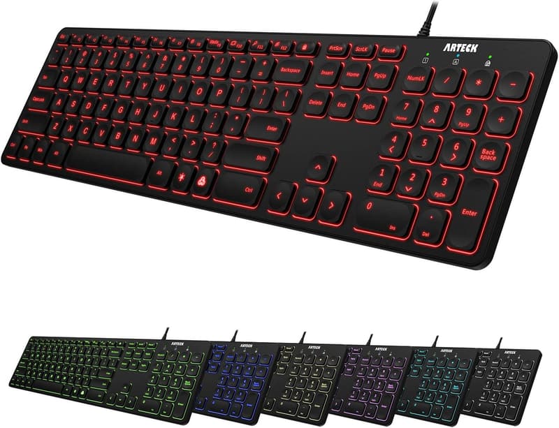 Arteck Backlit USB Wired Full-Size Keyboard with Media Keys