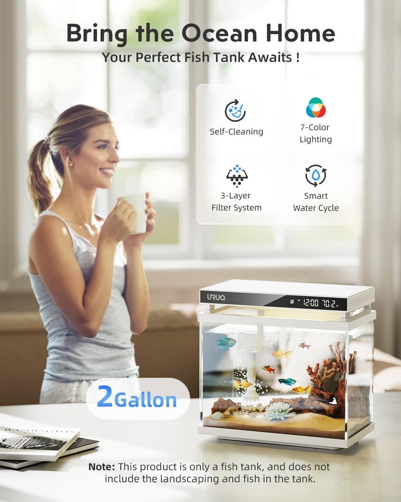 Smart Aquarium Kit: 2 Gallon Glass Tank with Self-Cleaning Filter
