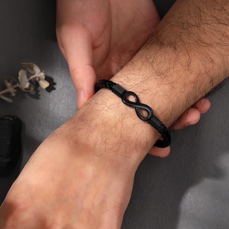 Father's Day Leather Bracelet for Men with Engraved Infinity Knot