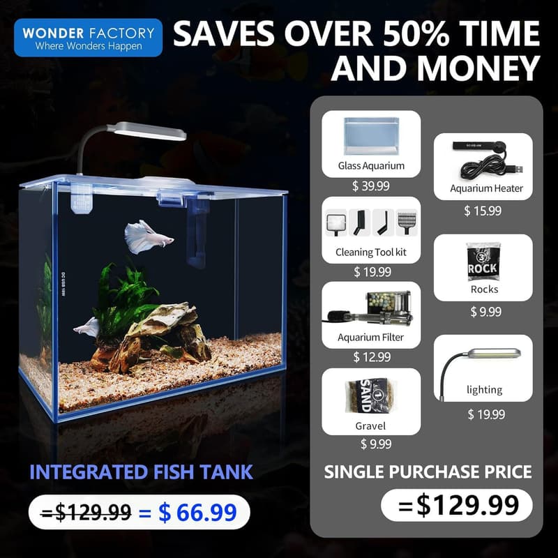 2.6 Gallon Betta Fish Tank Starter Kit with LED Light & Filter