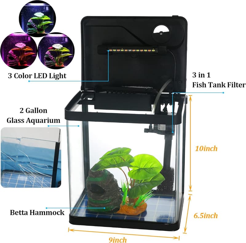 Self-Cleaning 2-Gallon Betta Fish Tank with LED Light & Filter