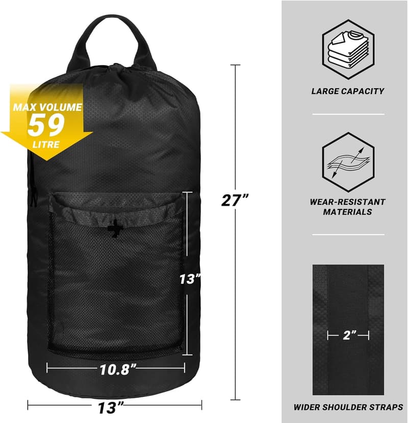 Portable Laundry Backpack with Shoulder Straps and Mesh Pocket (Black)