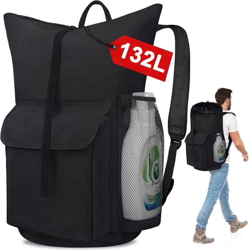 Extra Large Black Laundry Backpack with Drawstring Closure