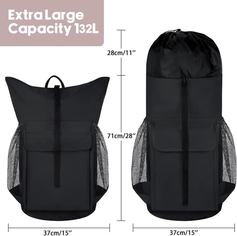 Extra Large Black Laundry Backpack with Drawstring Closure
