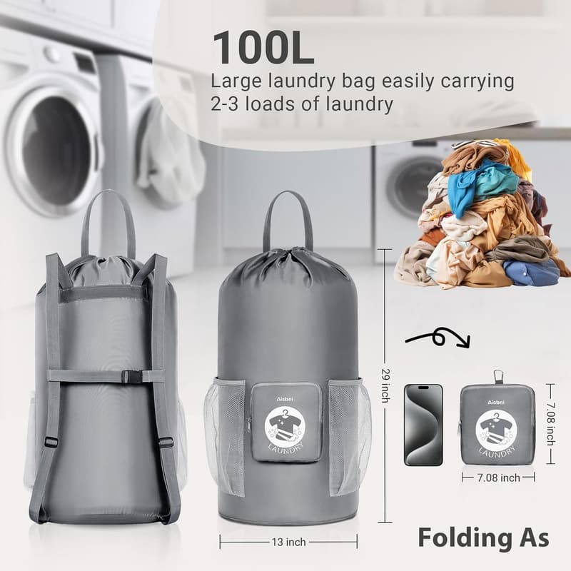 Extra Large Foldable Laundry Backpack Bag - 100L, Grey