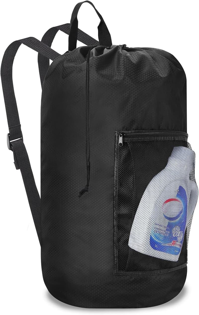 Portable Laundry Backpack with Shoulder Straps and Mesh Pockets