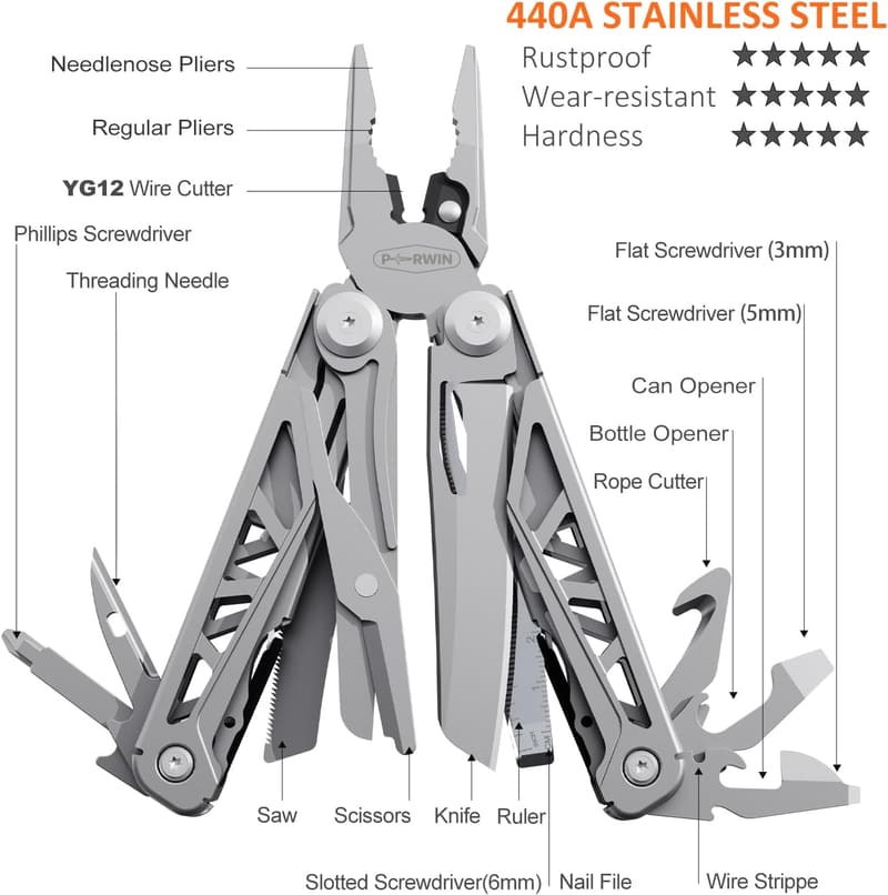 17-in-1 Stainless Steel Multitool with Pocket Knife for Camping