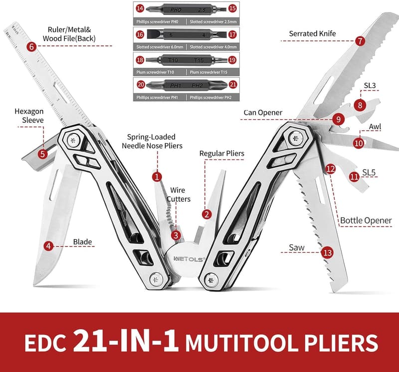 21-in-1 Stainless Steel Multitool Pliers with EDC Pouch
