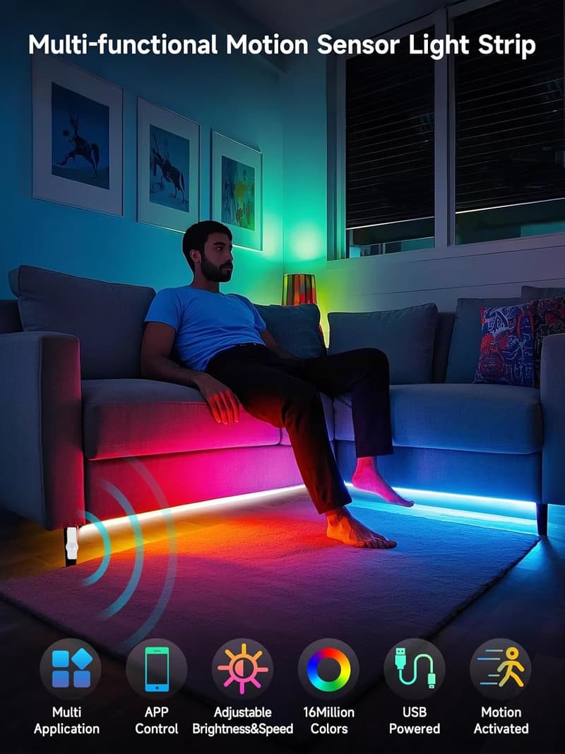 Motion Sensor LED Light Strip, 16.4FT with APP Control