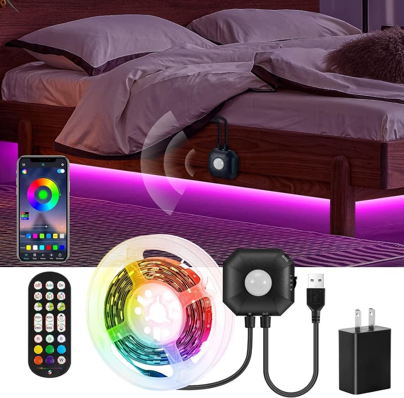 Motion Sensor LED Light Strip with Remote - 9.8ft RGB Night Lights
