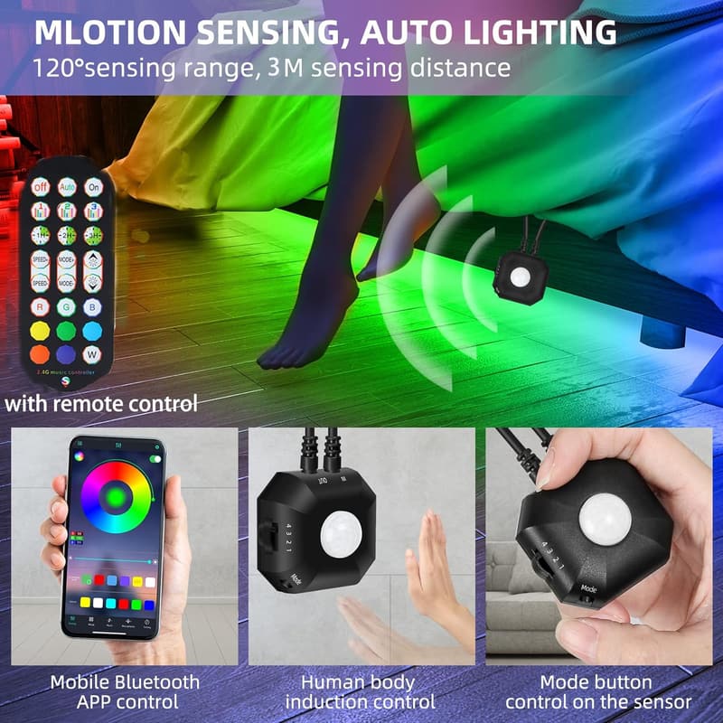 Motion Sensor LED Light Strip with Remote - 9.8ft RGB Night Lights