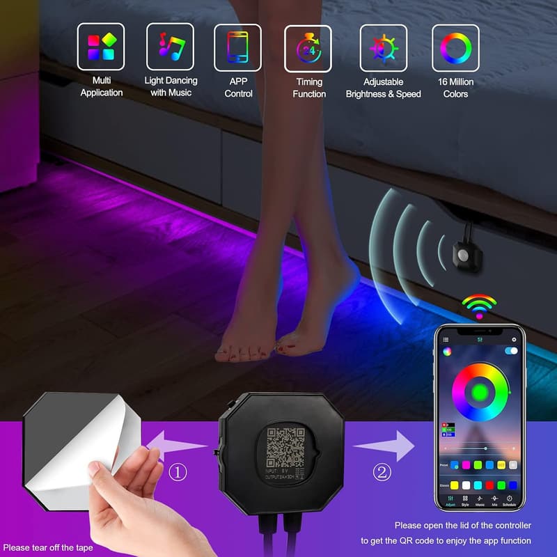 Motion Activated RGB LED Strip Lights for Bedroom Decor