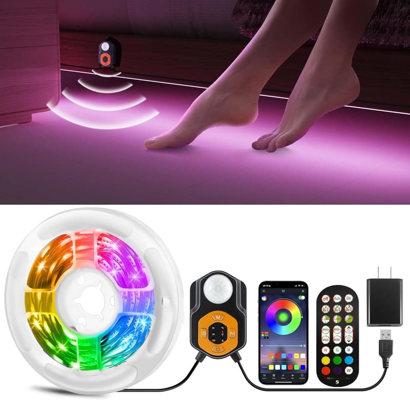 Motion Sensor LED Light Strip - 20ft RGB Bed Lighting