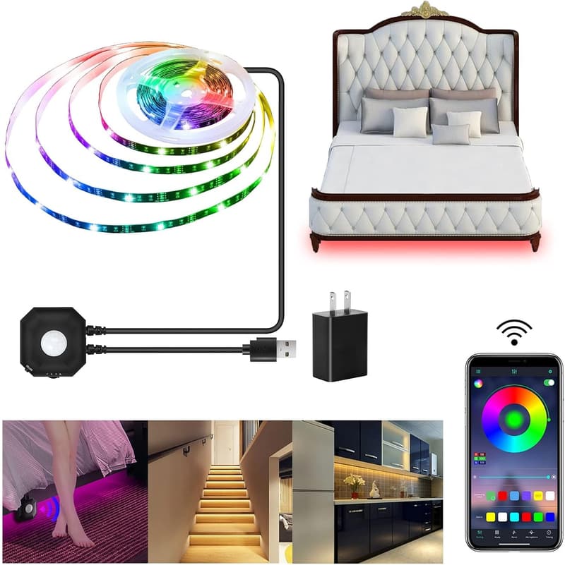 Motion Sensor LED Light Strip with Music Sync - 9.8ft RGB Night Lights