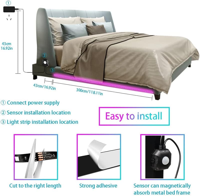 Motion Sensor LED Light Strip with Music Sync - 9.8ft RGB Night Lights