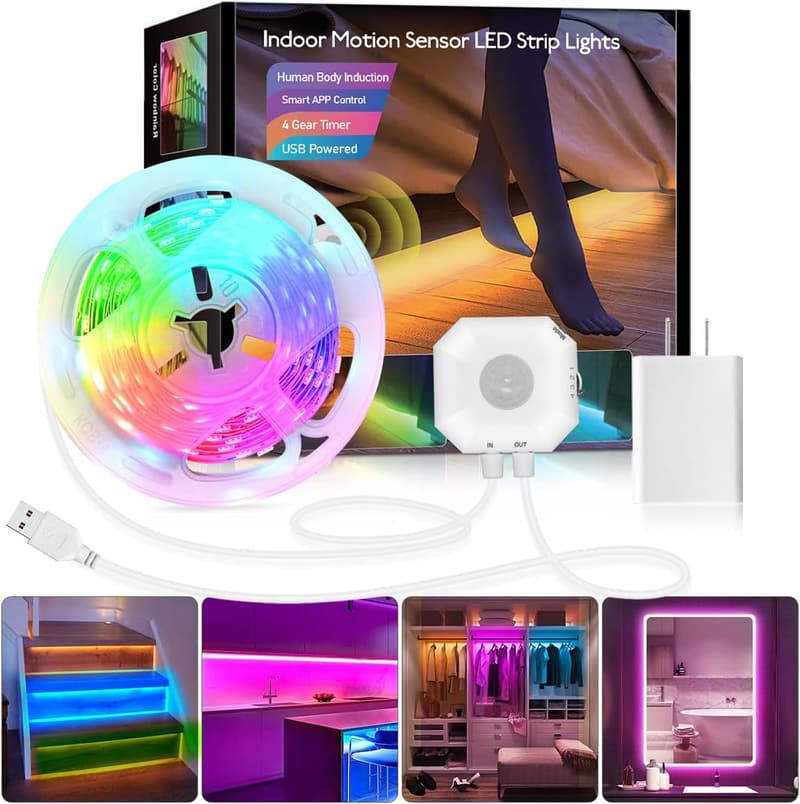 RGB Motion Sensor LED Strip Lights, 16.4ft - App Controlled Night Lights