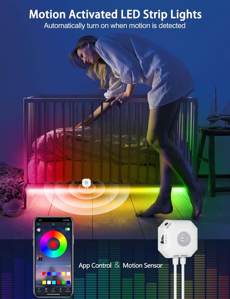 RGB Motion Sensor LED Strip Lights, 16.4ft - App Controlled Night Lights