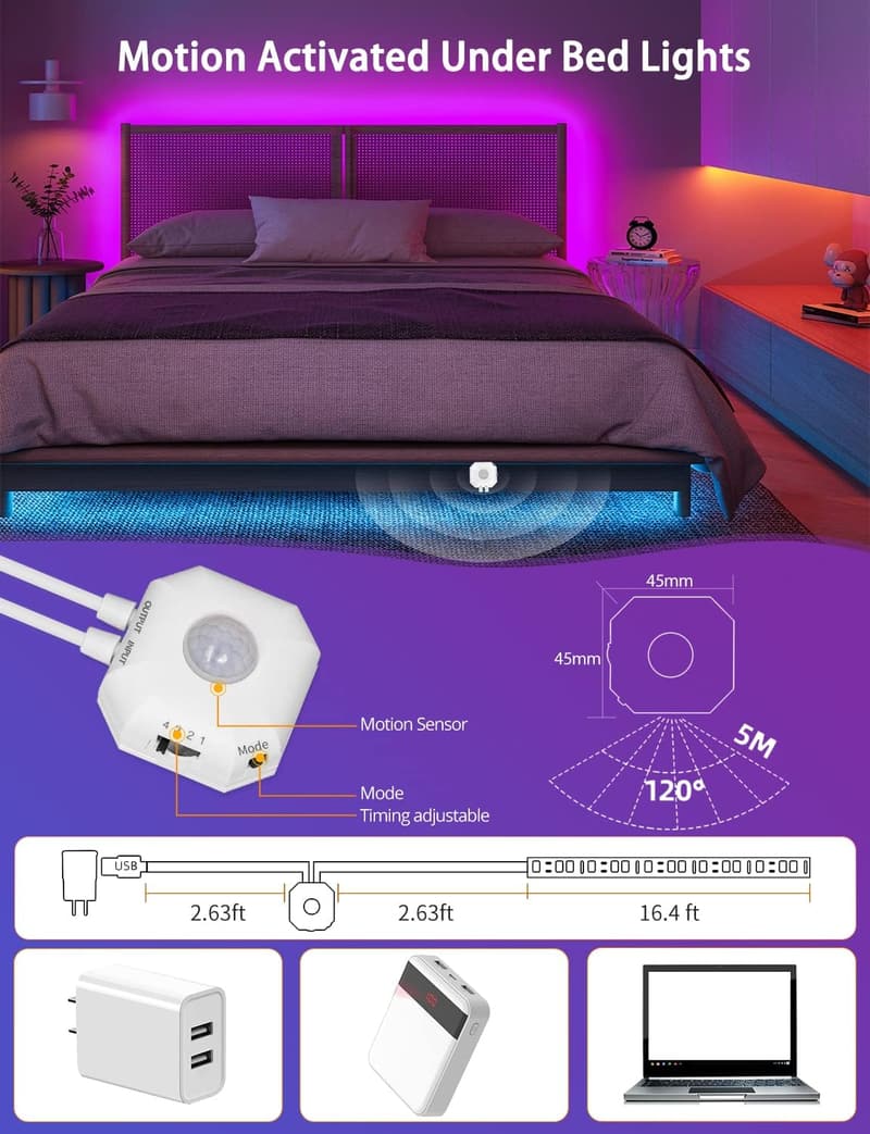 RGB Motion Sensor LED Strip Lights, 16.4ft - App Controlled Night Lights