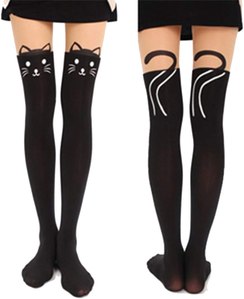 Cartoon Cat Print Semi-Sheer High Waist Pantyhose