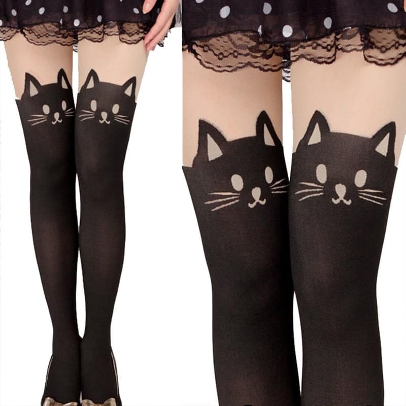 Cartoon Cat Print Semi-Sheer High Waist Pantyhose