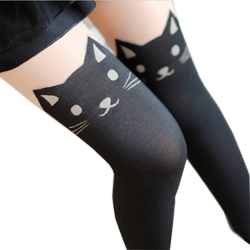 Cartoon Cat Print Semi-Sheer High Waist Pantyhose