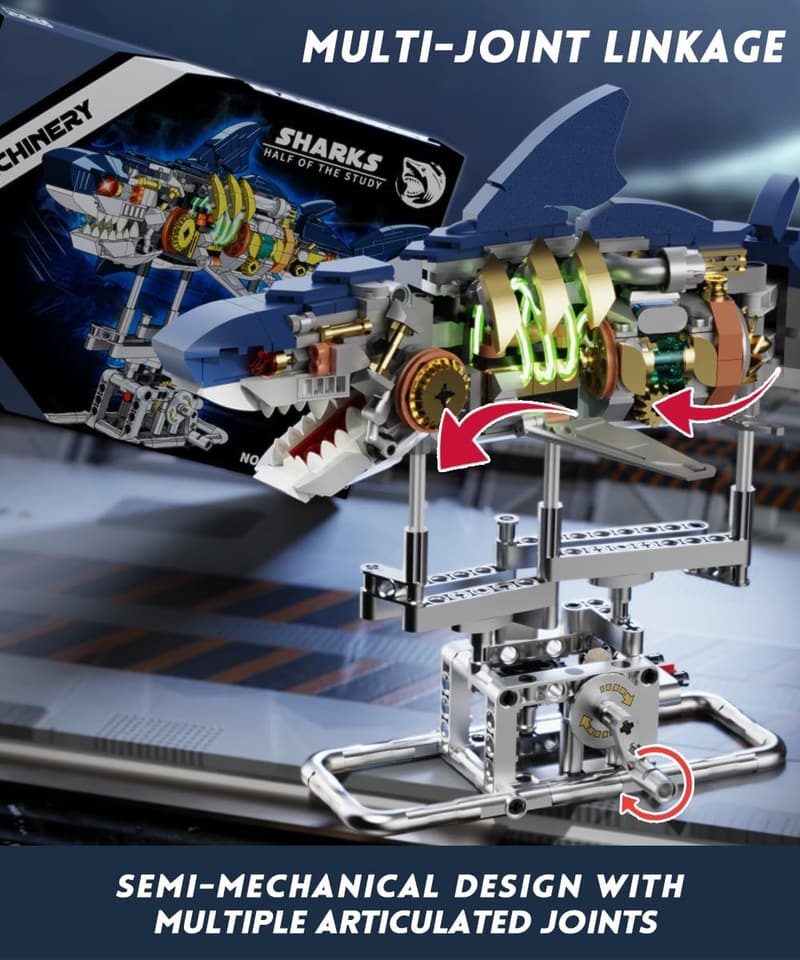 Mechanical Shark Building Set with Display Stand & Light for Adults