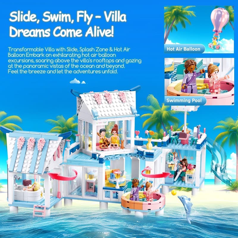 Girls Beach Villa Building Set - 938 PCS with 7 Minifigures