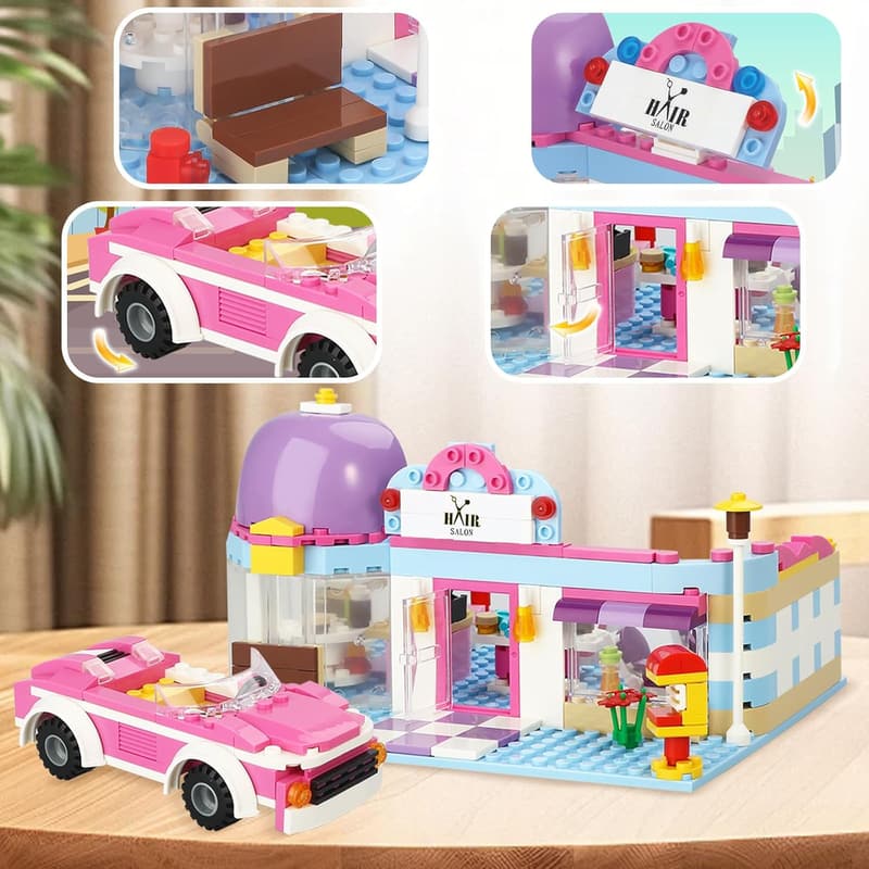 Girls' Hair Salon Building Kit with 2 Minifigures & Car - 358 Pieces