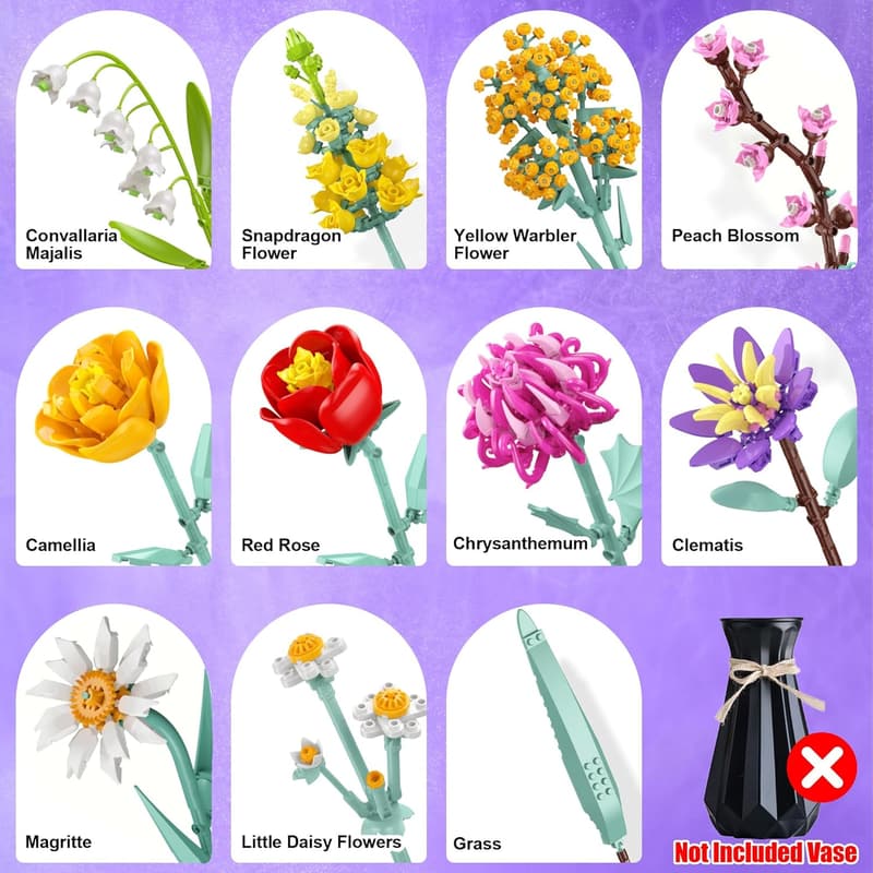 Flower Bouquet Building Set - Perfect Gift for Mother's Day (1070 Pcs)