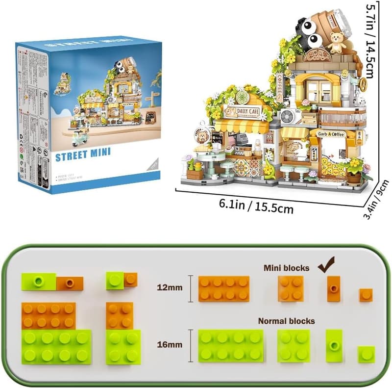 Coffee Shop Building Set for Ages 8+, 1077pcs Mini Bricks