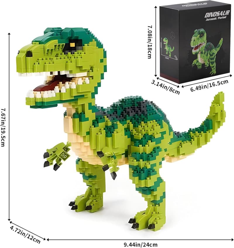 Dinosaur Building Blocks Set - Tyrannosaurus Rex & Velociraptor 1457 Pieces - Birthday Gift for Ages 6+