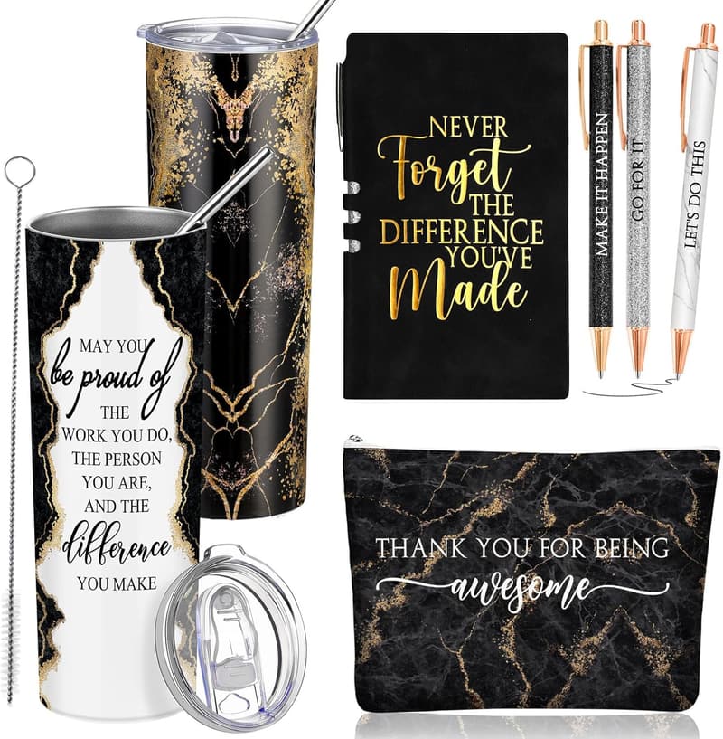 Employee Appreciation Gift Set for Women - Rustic Blue Marble Tumbler & Accessories