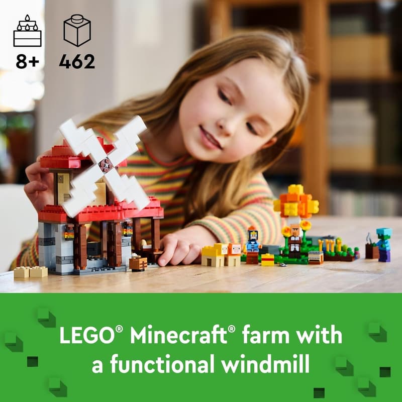 LEGO Minecraft Windmill Farm Building Set, 3 Minifigures - Ages 8+