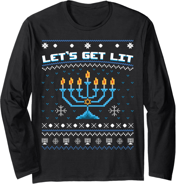 Men's Hanukkah Long Sleeve T-Shirt - Ugly Christmas Sweater Design