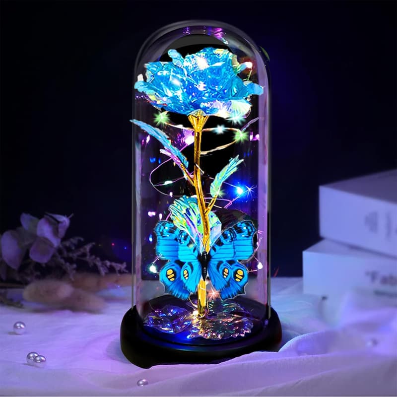 Light-Up Glass Rose with Blue Butterfly for Mother's Day