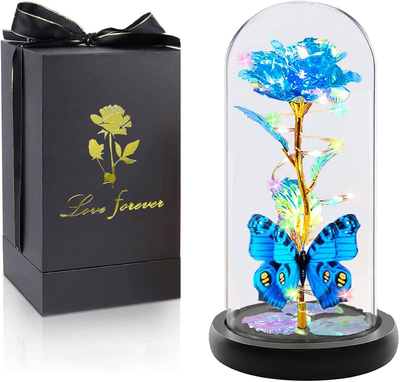 Light-Up Glass Rose with Blue Butterfly for Mother's Day