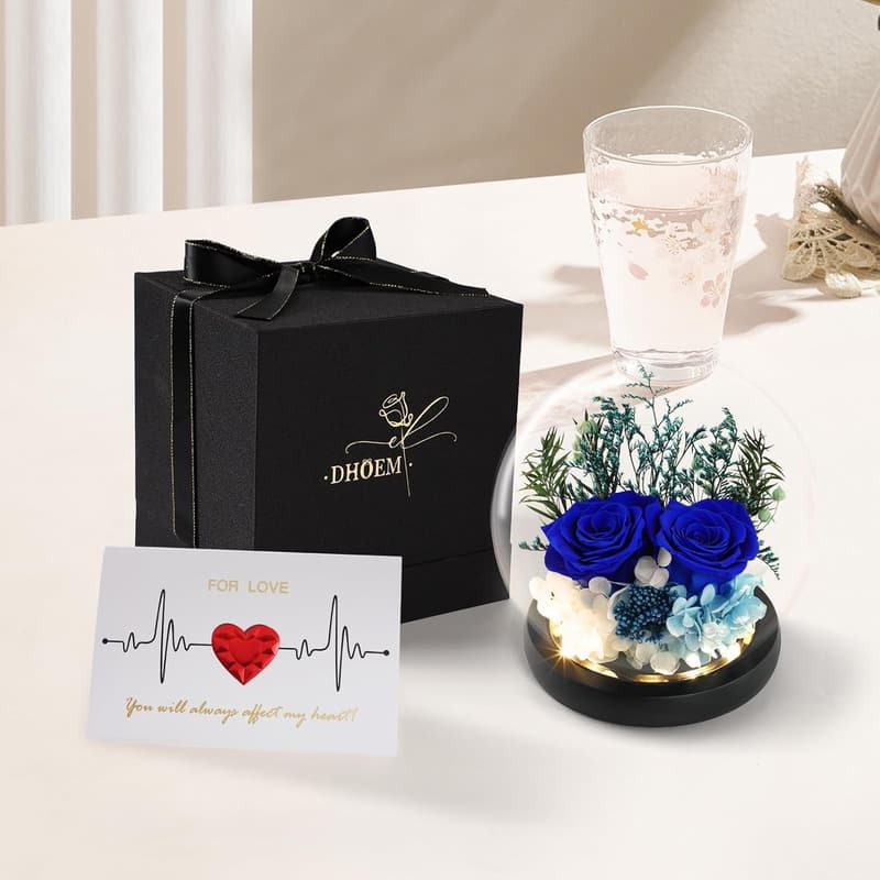 Eternal Royal Blue Roses in Glass Dome for Women