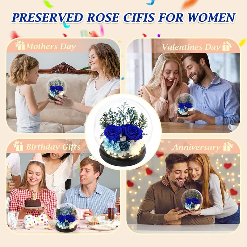 Eternal Royal Blue Roses in Glass Dome for Women