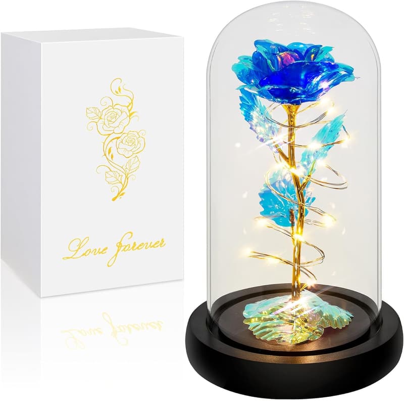 Colorful Blue Light Up Rose in Glass Dome for Mother's Day