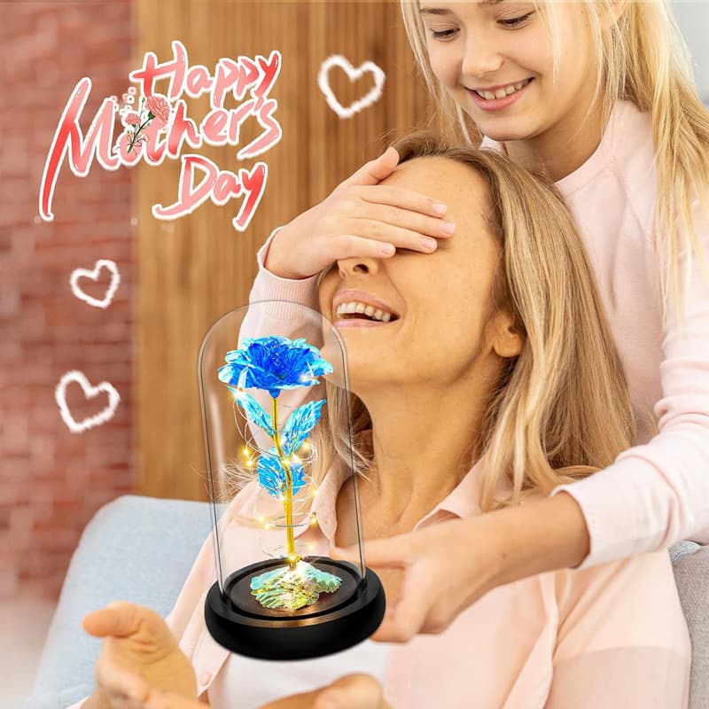 Colorful Blue Light Up Rose in Glass Dome for Mother's Day