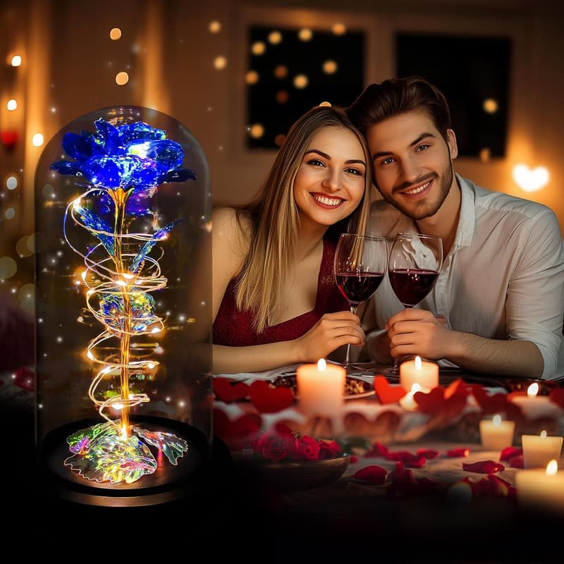 Colorful Blue Light Up Rose in Glass Dome for Mother's Day
