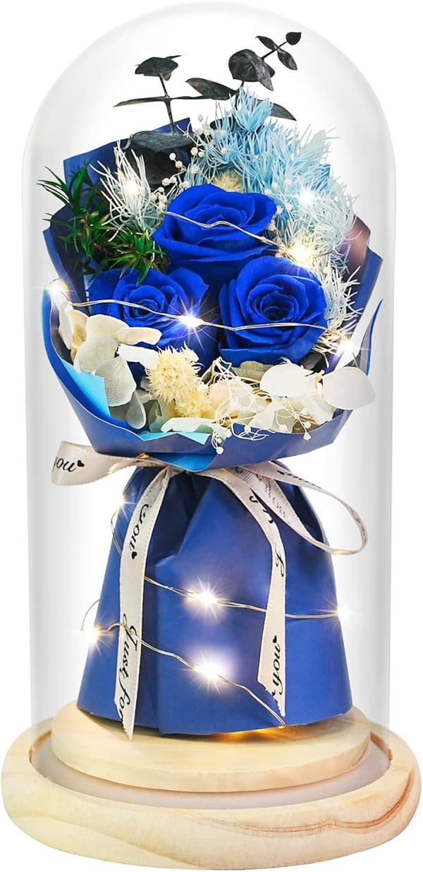 Preserved Blue Rose in Glass Dome with LED Light Gift for Her
