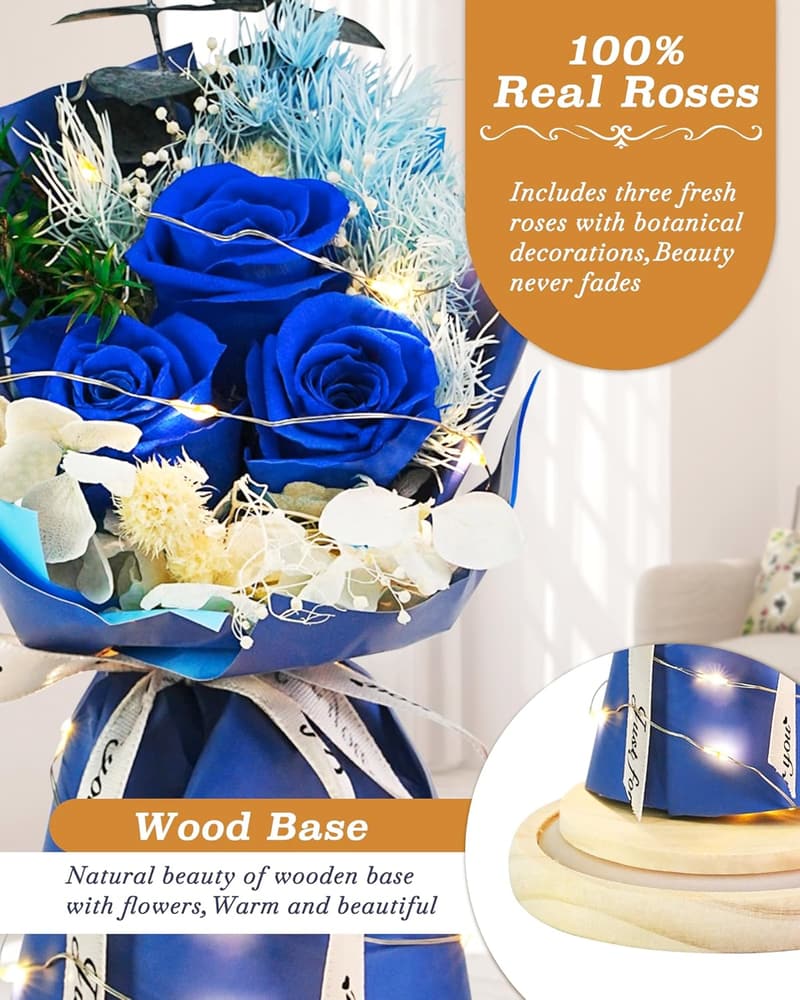 Preserved Blue Rose in Glass Dome with LED Light Gift for Her