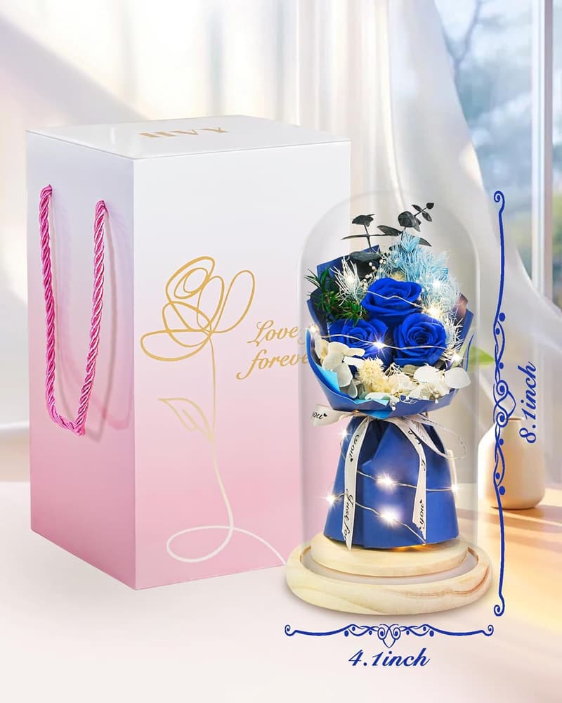 Preserved Blue Rose in Glass Dome with LED Light Gift for Her
