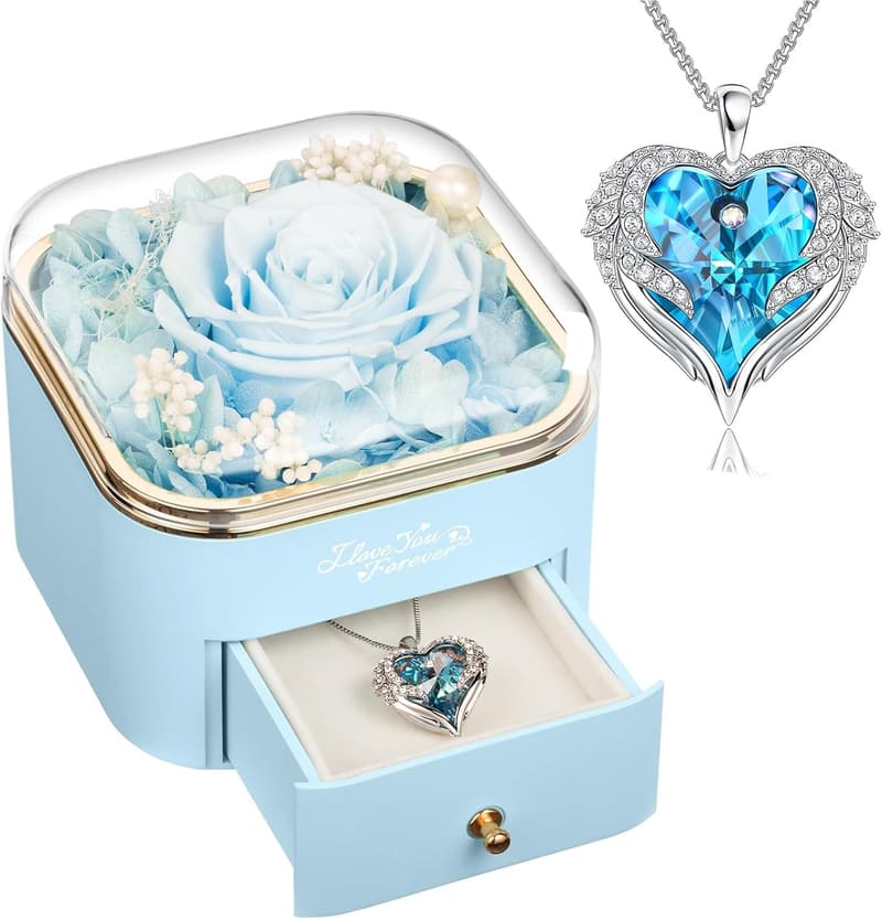 Light Blue Preserved Rose Necklace with Angel Wings for Women