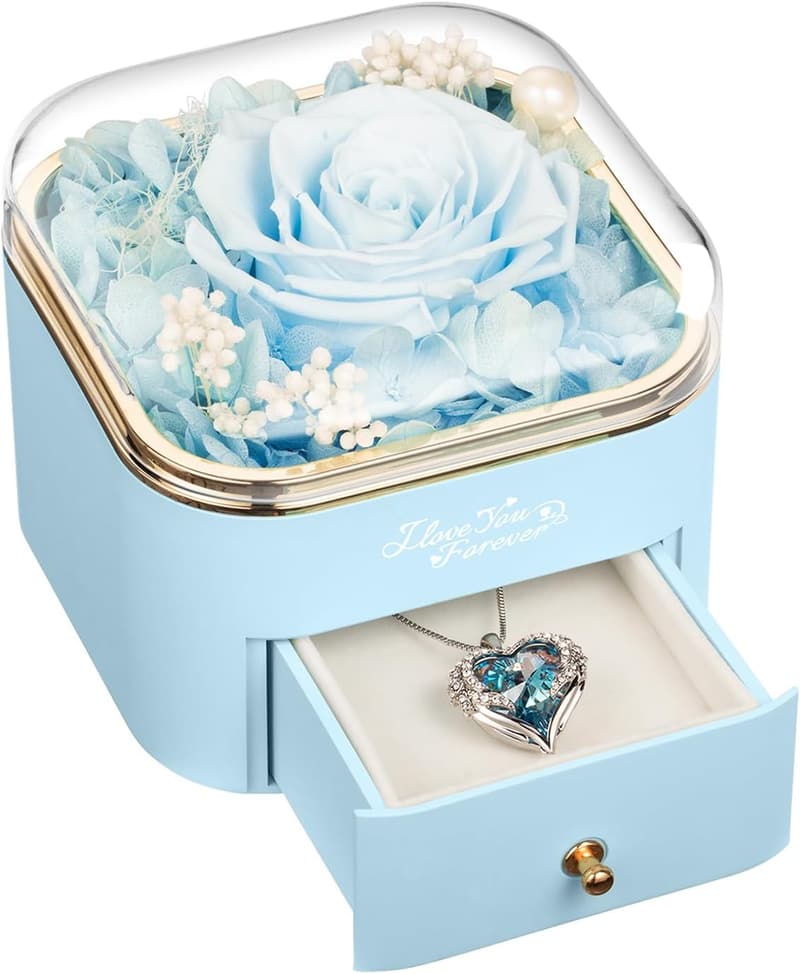 Light Blue Preserved Rose Necklace with Angel Wings for Women