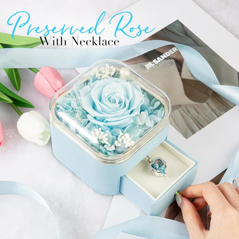 Light Blue Preserved Rose Necklace with Angel Wings for Women