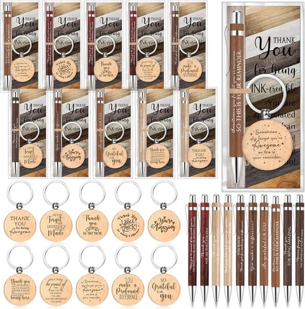 Employee Appreciation Gift Set: Bamboo Pens, Keychains & Cards